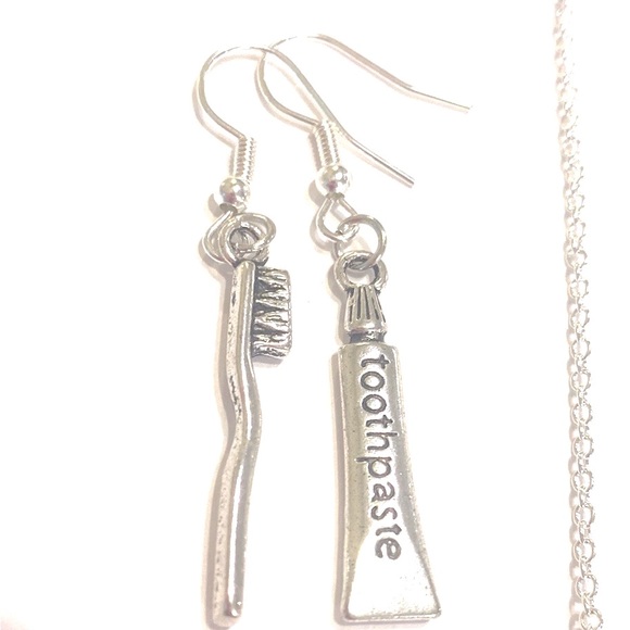 Dental Hygienist Dentist Necklace Earrings Set Silver Tone - Picture 4 of 5